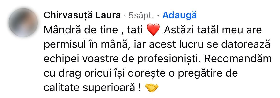 Chirvasuță Laura pe Facebook: „Mândră de tine , tati Astăzi tatăl meu are permisul în mână, iar acest lucru se datorează echipei voastre de profesioniști. Recomandăm cu drag oricui își dorește o pregătire de calitate superioară !”